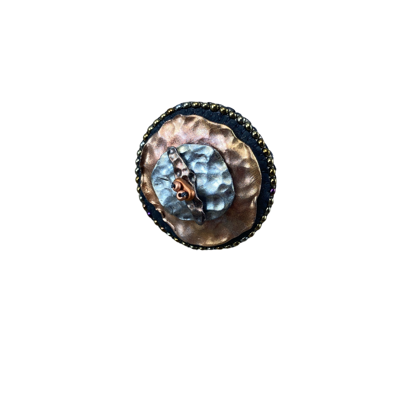 Round statement ring with abstract hammered copper and silver clay with dark gold beaded edge