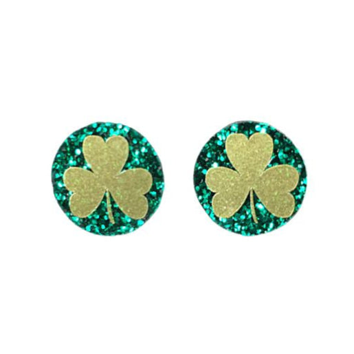 Green round glitter acrylic earrings with gold shamrock on a white background