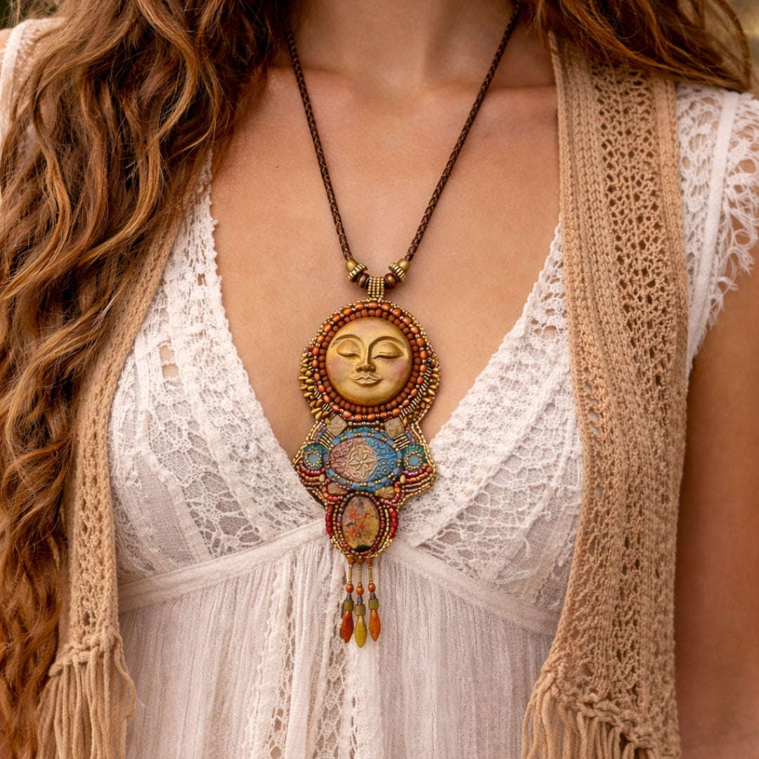 Person wearing a detailed necklace with a face design, white lace top, and beige cardigan.