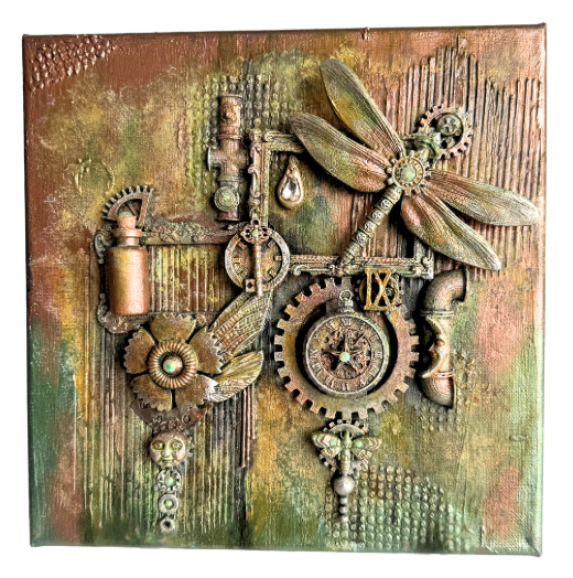 Decorative wall art with steampunk elements including gears, pipes, and a dragonfly on a textured background.