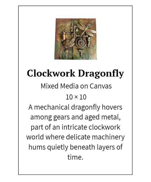 Artistic depiction of a mechanical dragonfly with gears on canvas, labeled 'Clockwork Dragonfly'.