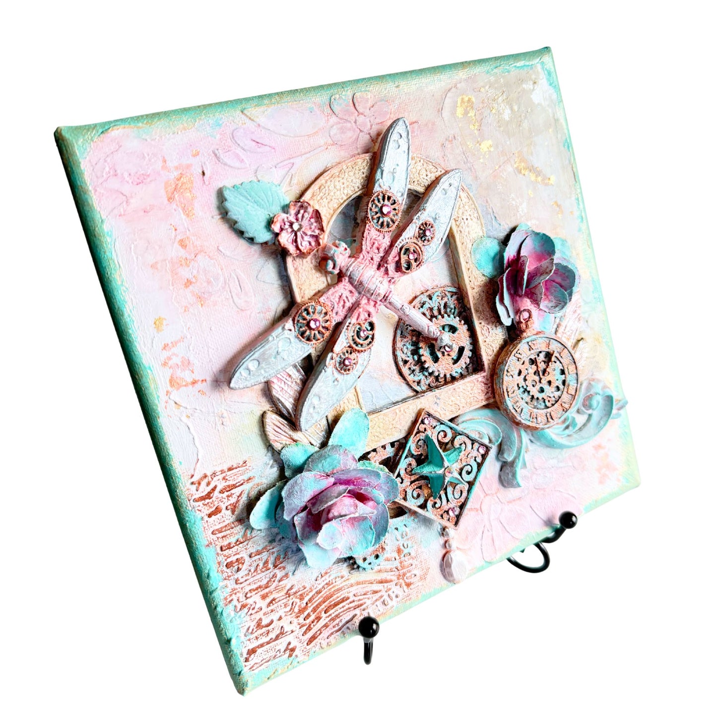 pastel pink and mint green dragofly steampunk artwork