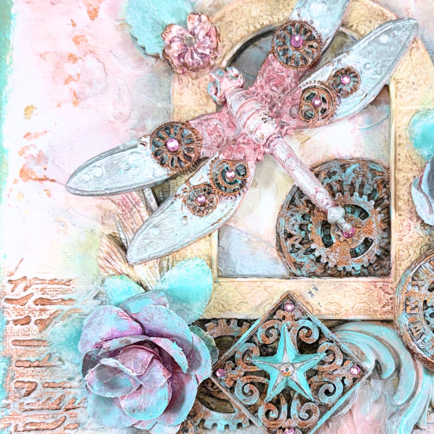 Artistic depiction of a dragonfly with gears and flowers on a textured background