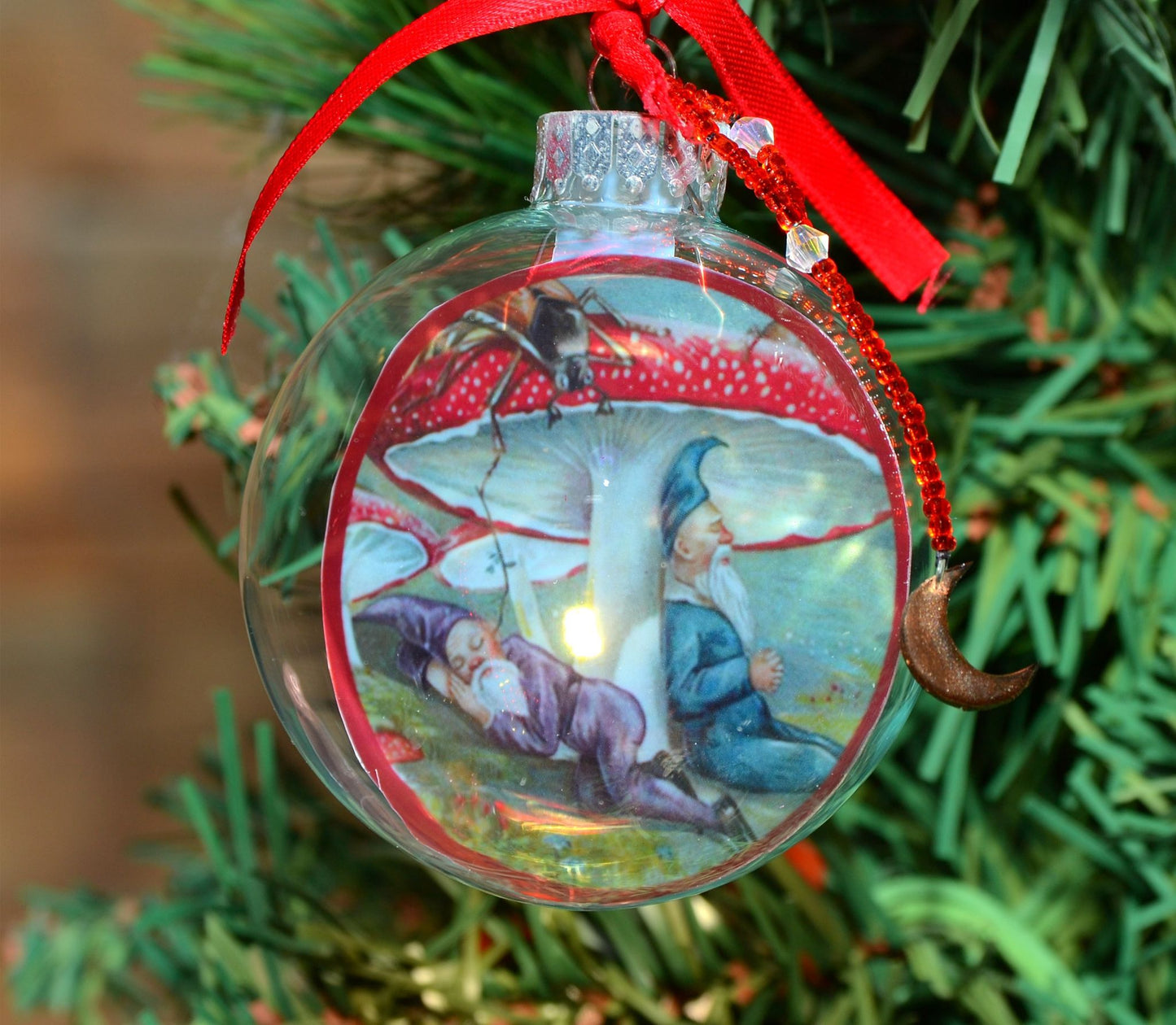 Floating Mushroom Ornament with Woodland Elves