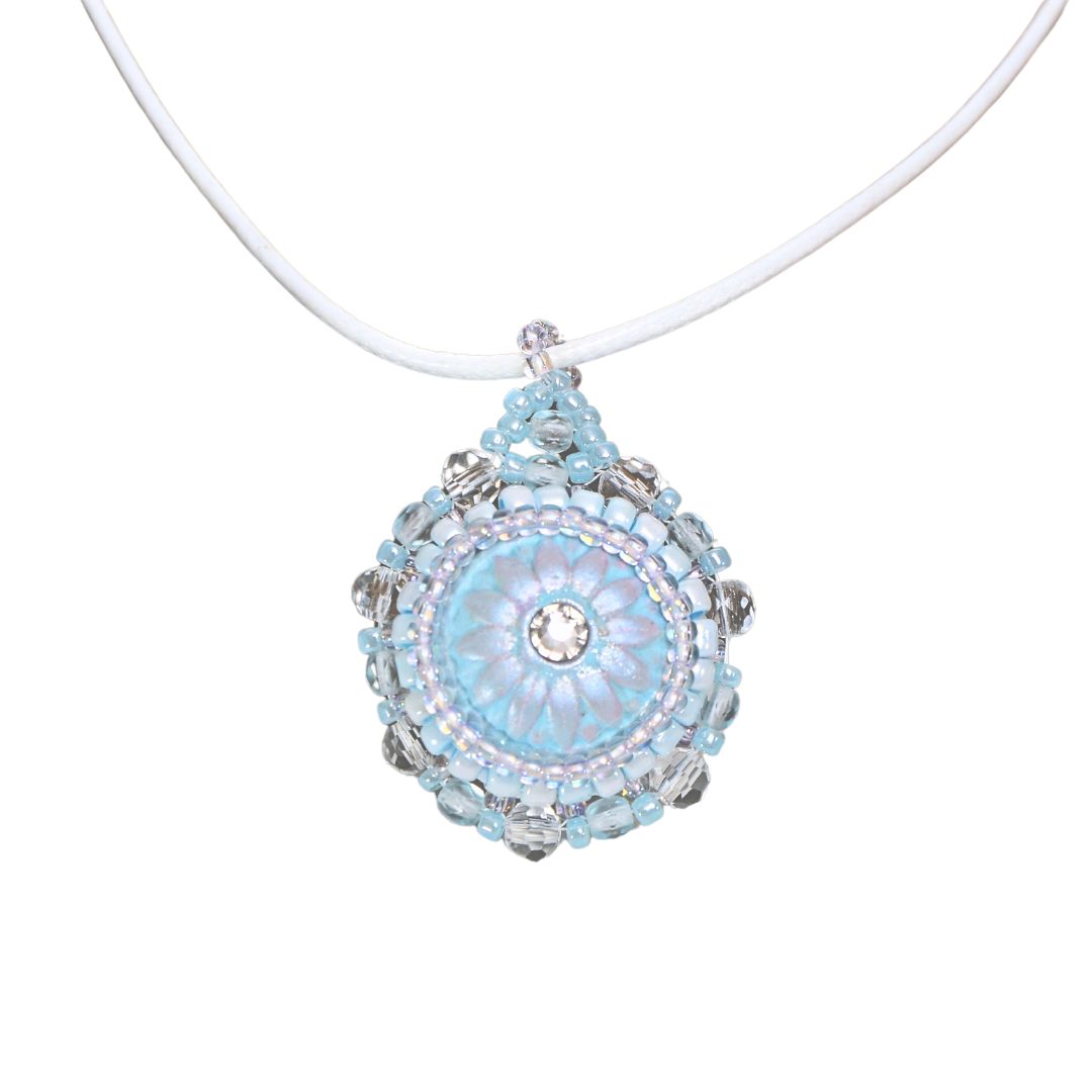 light blue flower necklace against a white background.