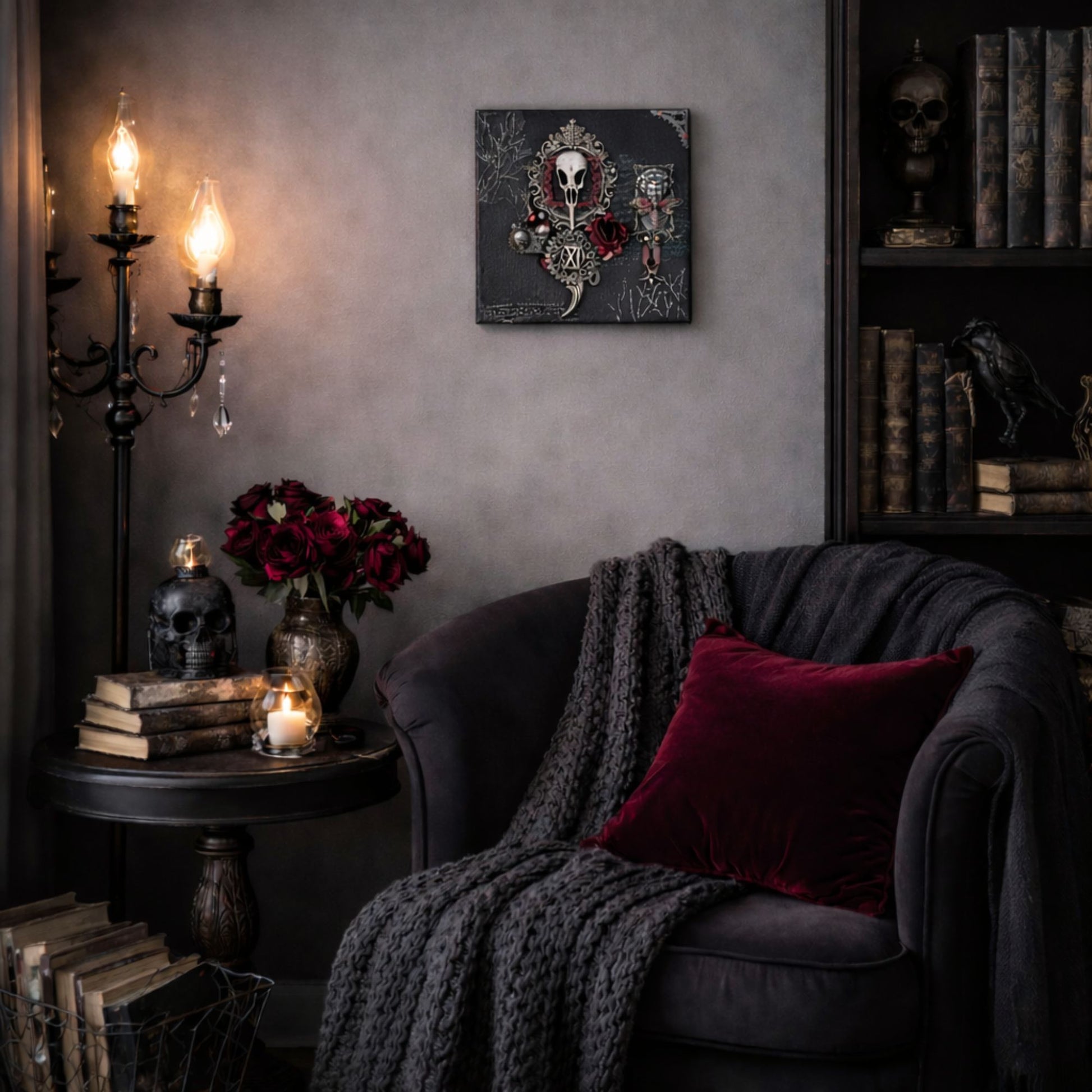Gothic-style living room with dark decor, candles, and a skull-themed painting.