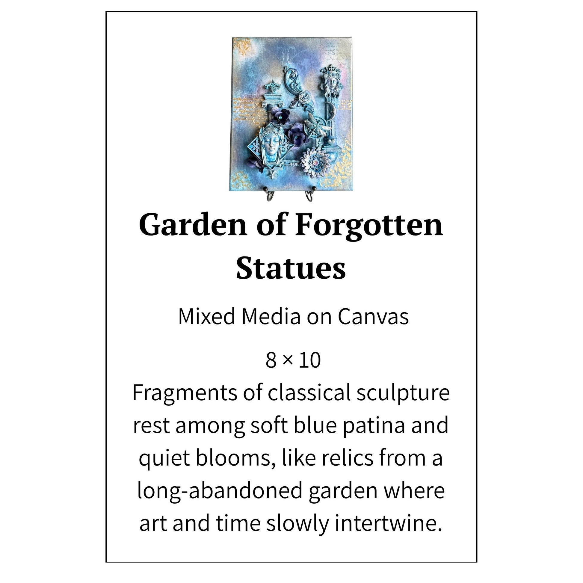 Artwork titled 'Garden of Forgotten Statues' with description and dimensions on a white background.