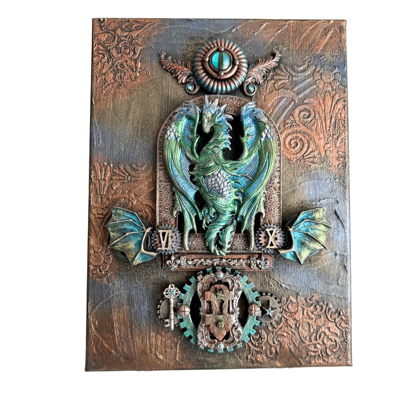 Decorative panel with a dragon design on a textured background