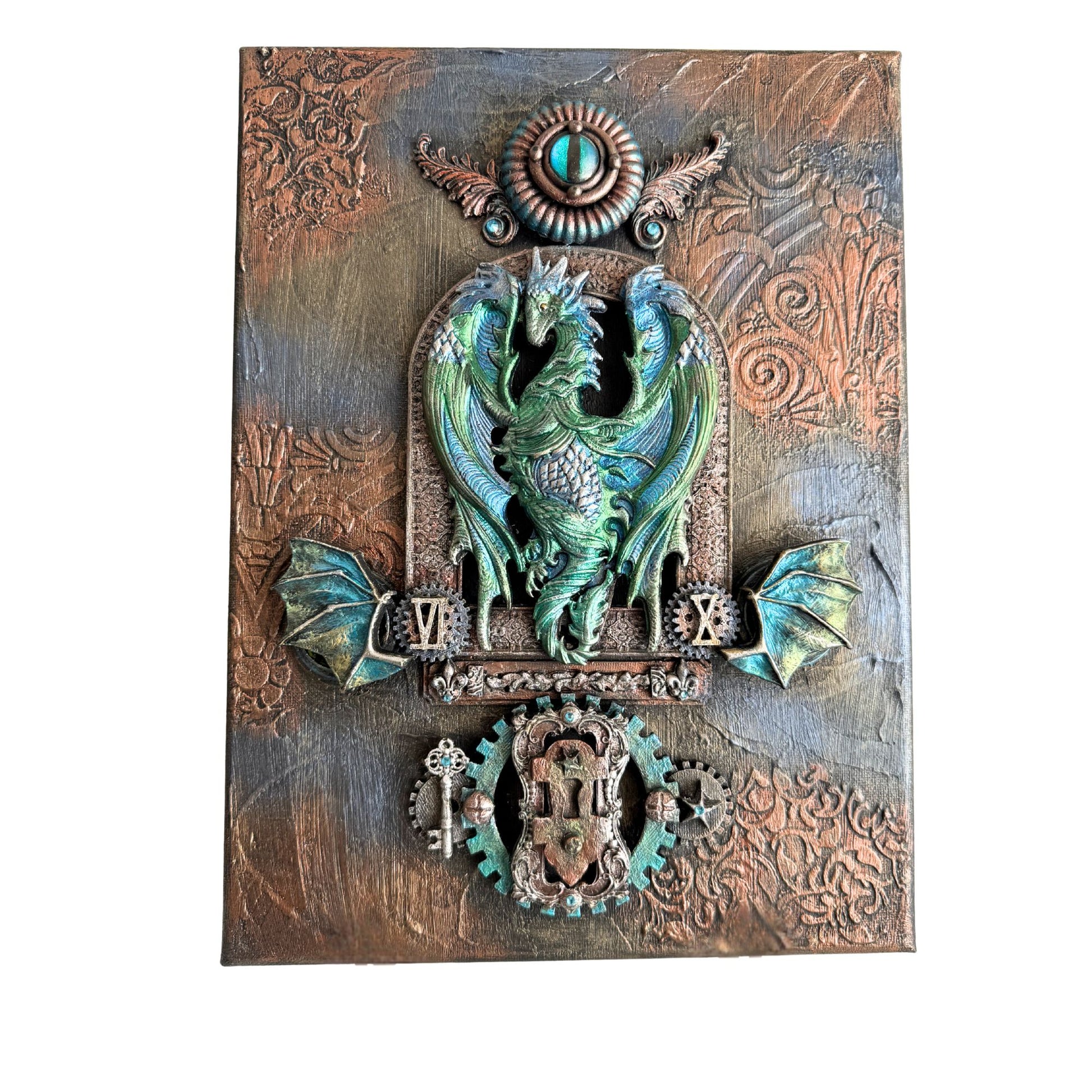 Decorative panel with a dragon design on a textured background