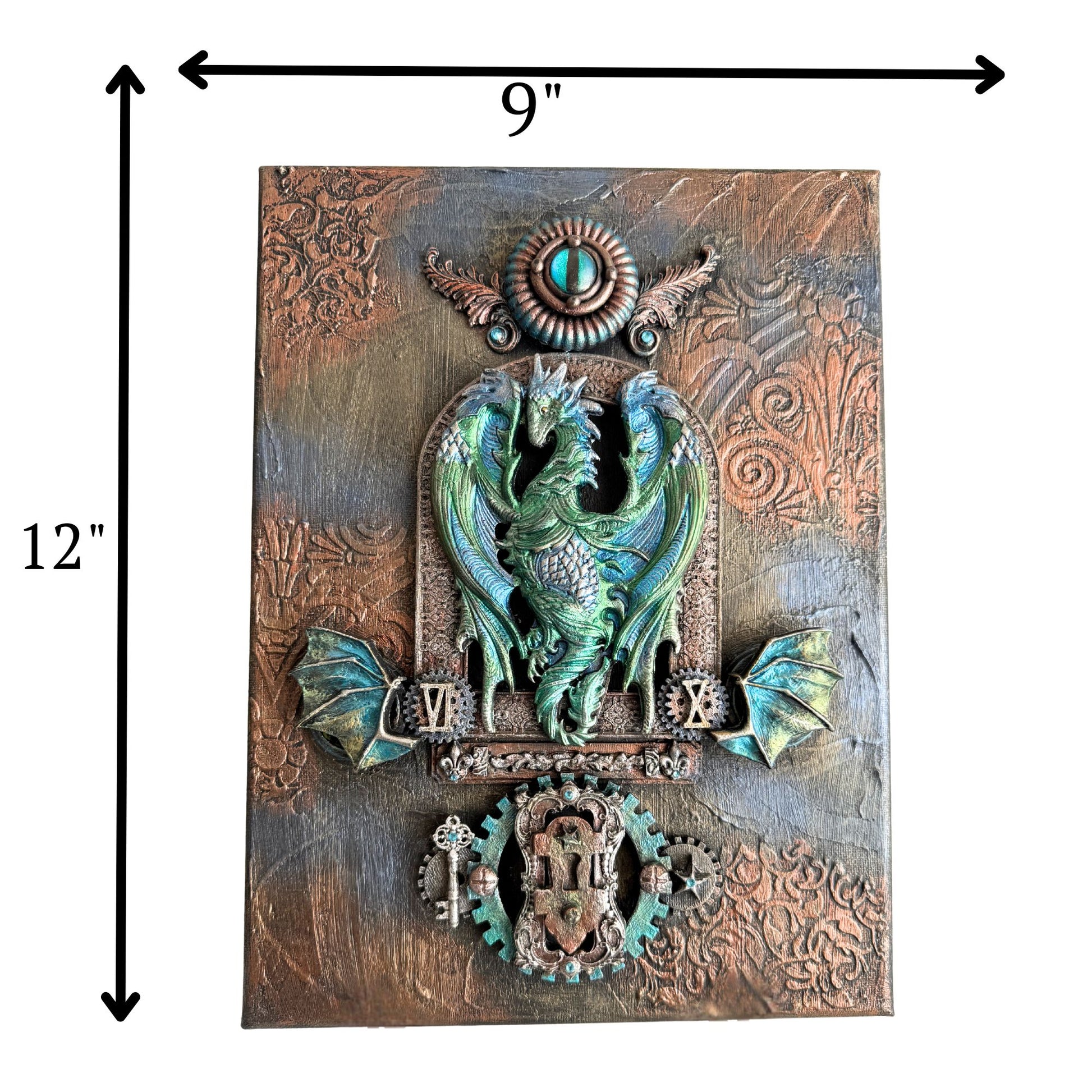 Decorative wall art with a dragon design and measurements on a white background