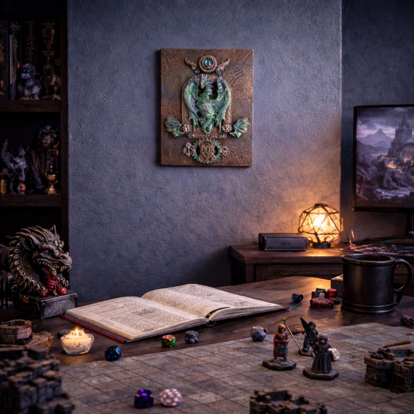 Game room setup with an open book, figurines, and a decorative wall piece.
