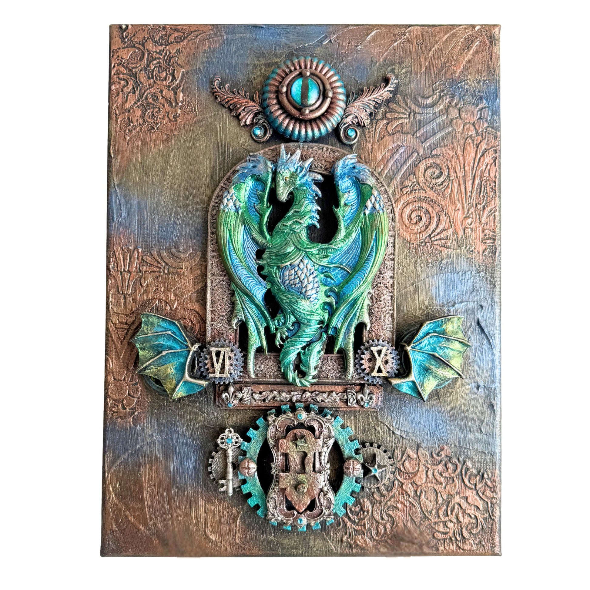 Decorative panel with a green dragon design on a textured background