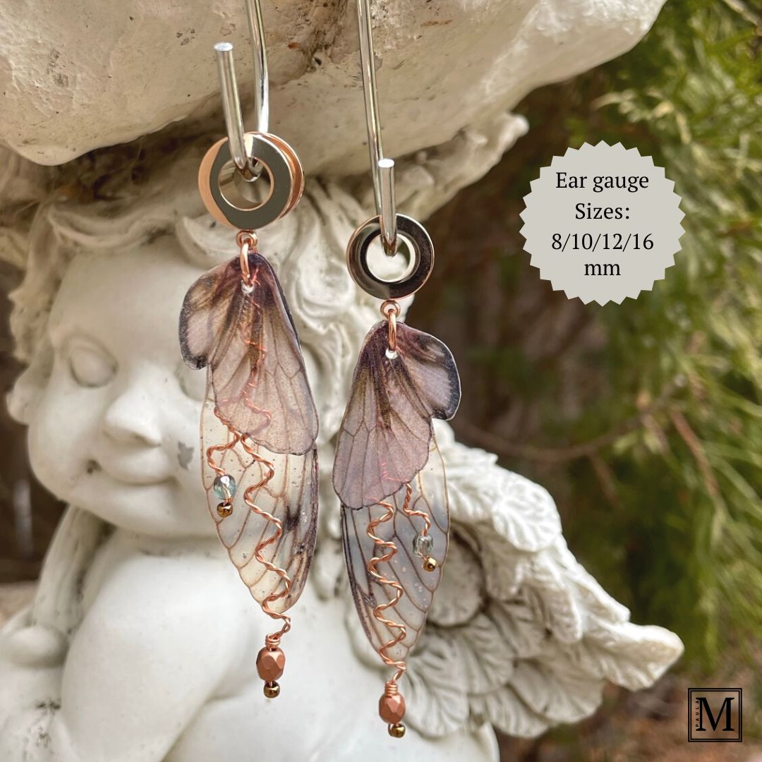 Double fairy wing earrings in brown with copper accents, with ear tunnels for stretched ears.
