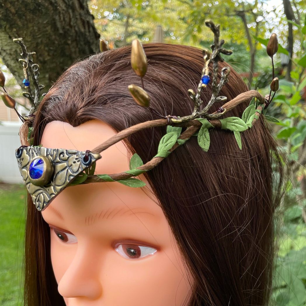 Woodland Elven Crown, Adjustable Forest Fairy Hair Circlet - 15 Crystal Colors