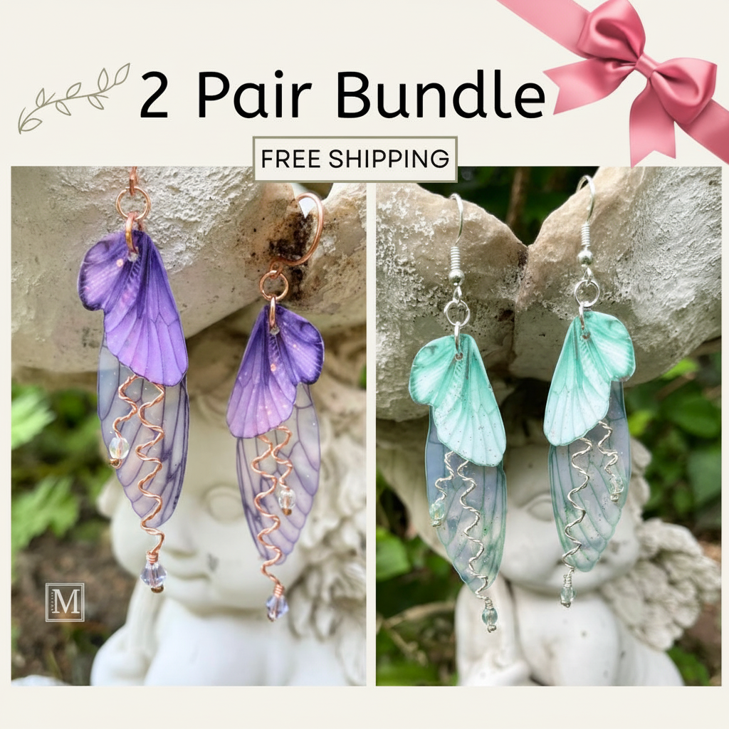 Fairy Wing Earring Bundle with Pink Bow in Corner