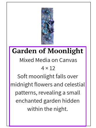 Canvas print titled 'Garden of Moonlight' with description and dimensions.