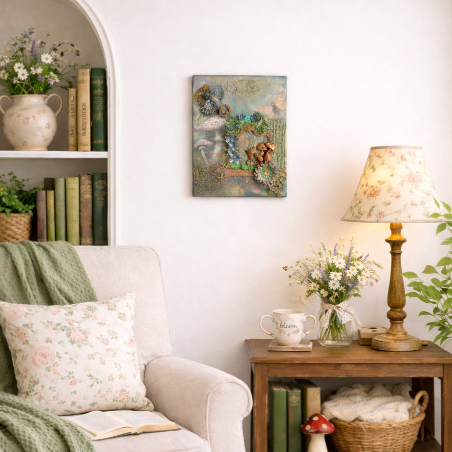 Cozy living room with a white armchair, floral pillow, and decorative items.