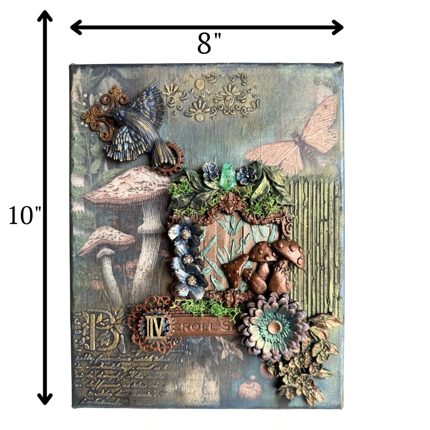 Decorative wall art with nature-themed elements and measurements on a white background