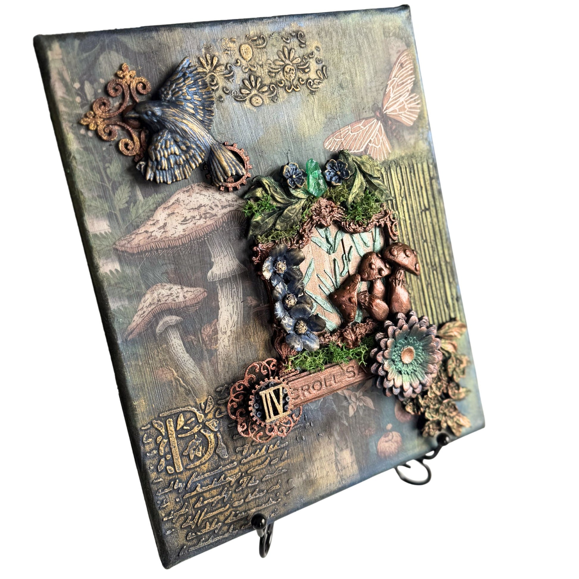 Decorative notebook with intricate designs, including mushrooms and flowers, on a white background.