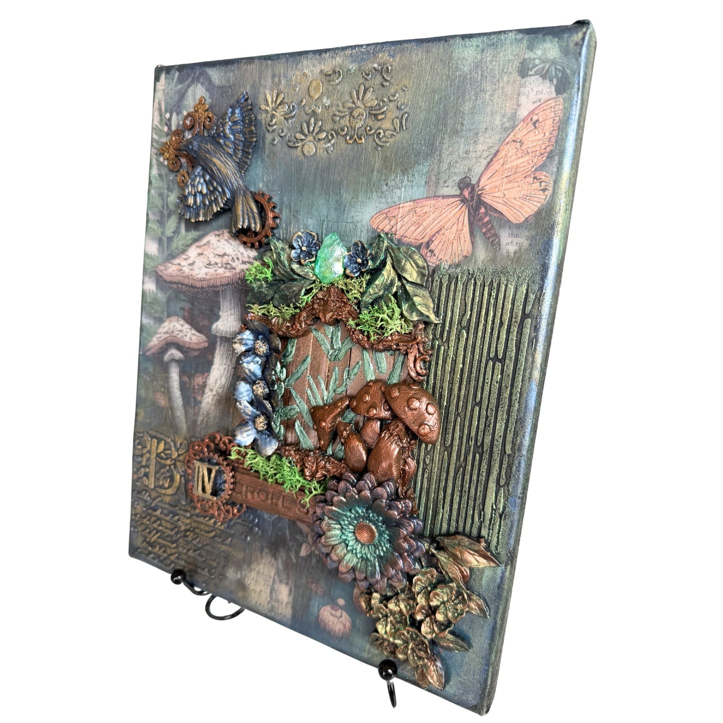 Decorative wall art with nature-themed elements on a stand