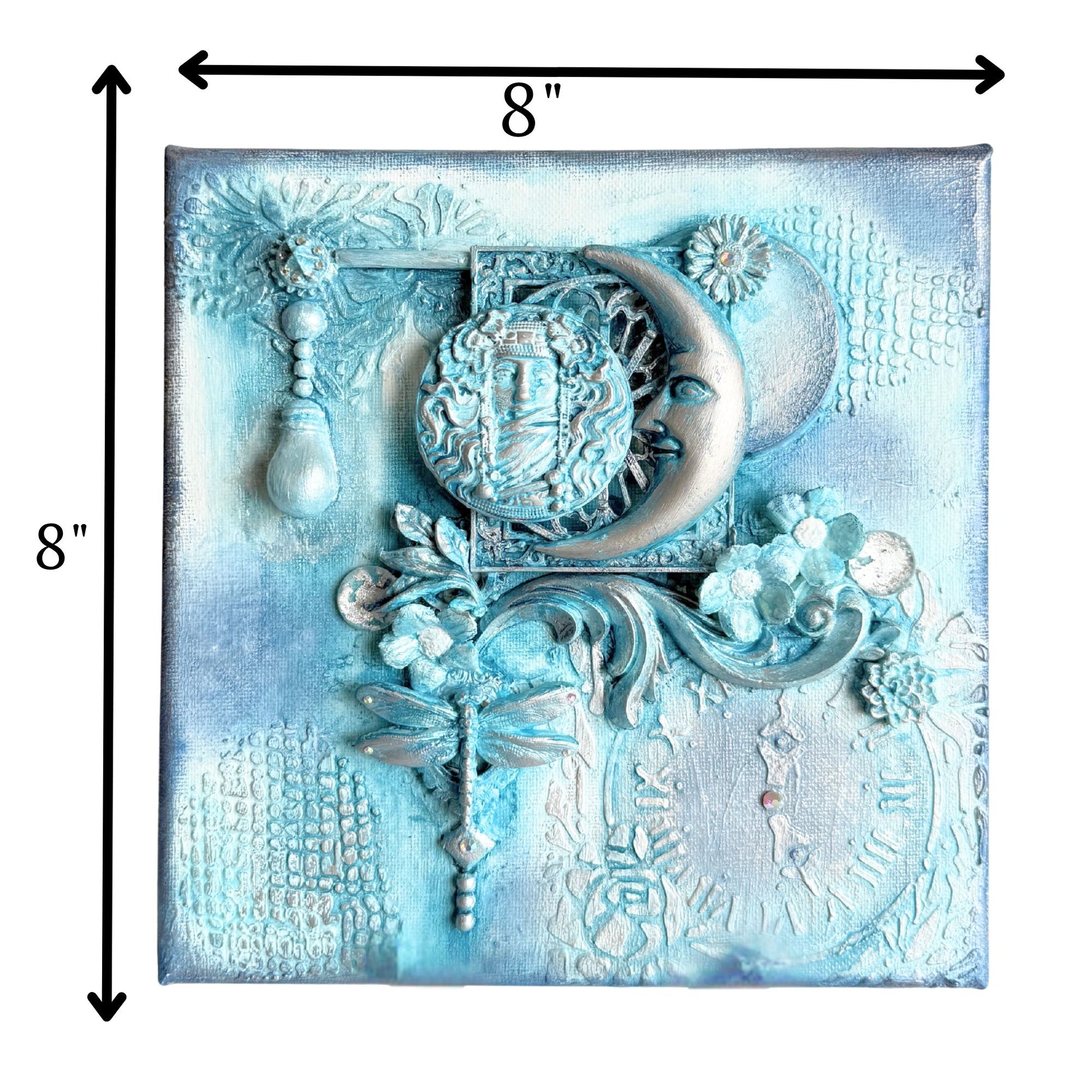 Decorative square panel with intricate designs and measurements on a white background