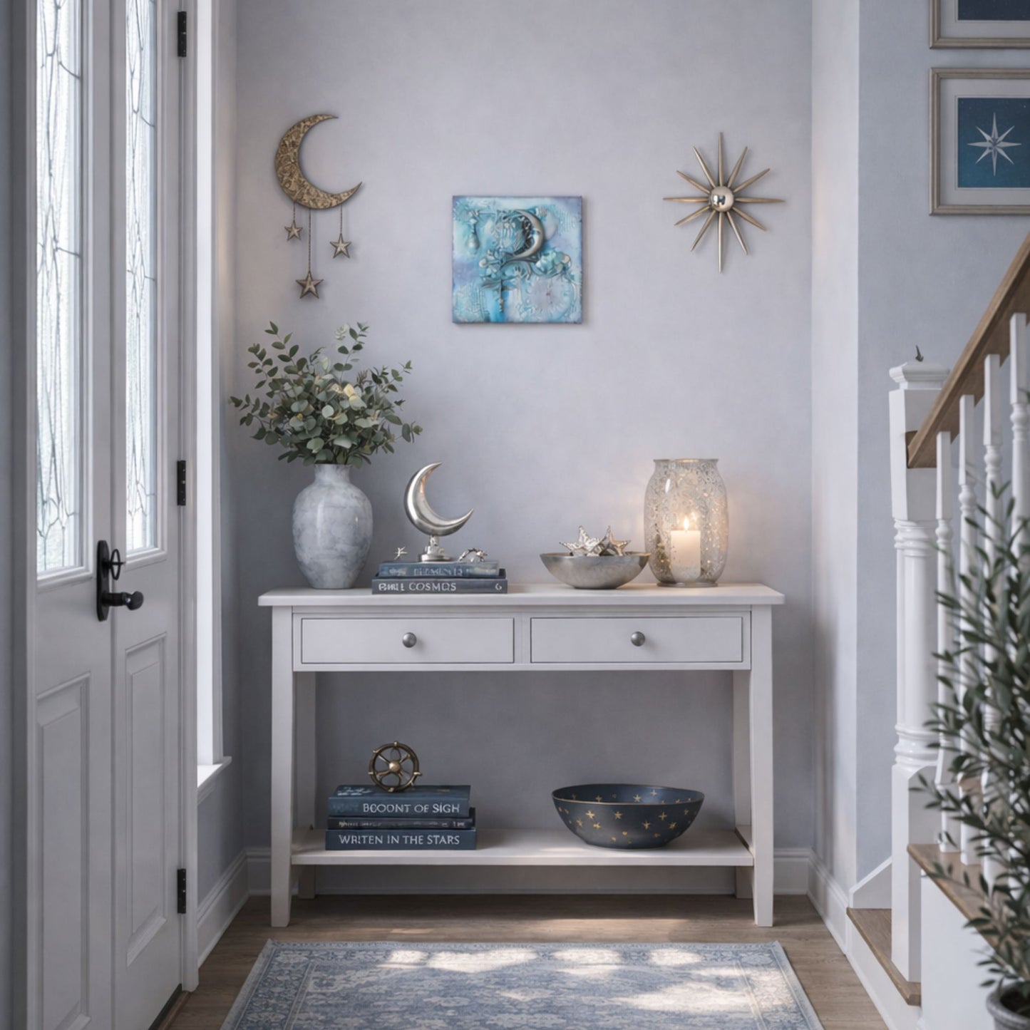 Foyer with a white console table, decorative items, and wall art.