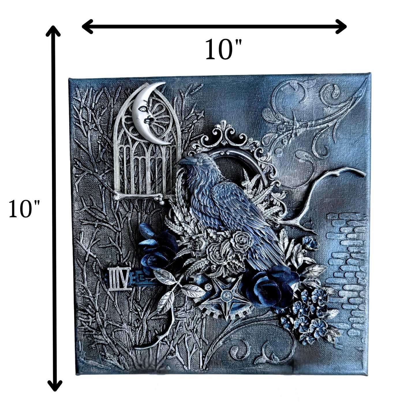 Decorative wall art with a bird, moon, and floral elements, measuring 10x10 inches.