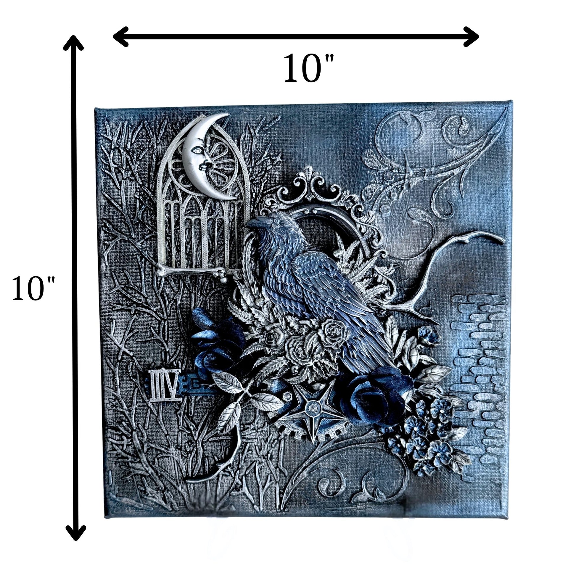 Decorative wall art with a bird, moon, and floral elements, measuring 10x10 inches.