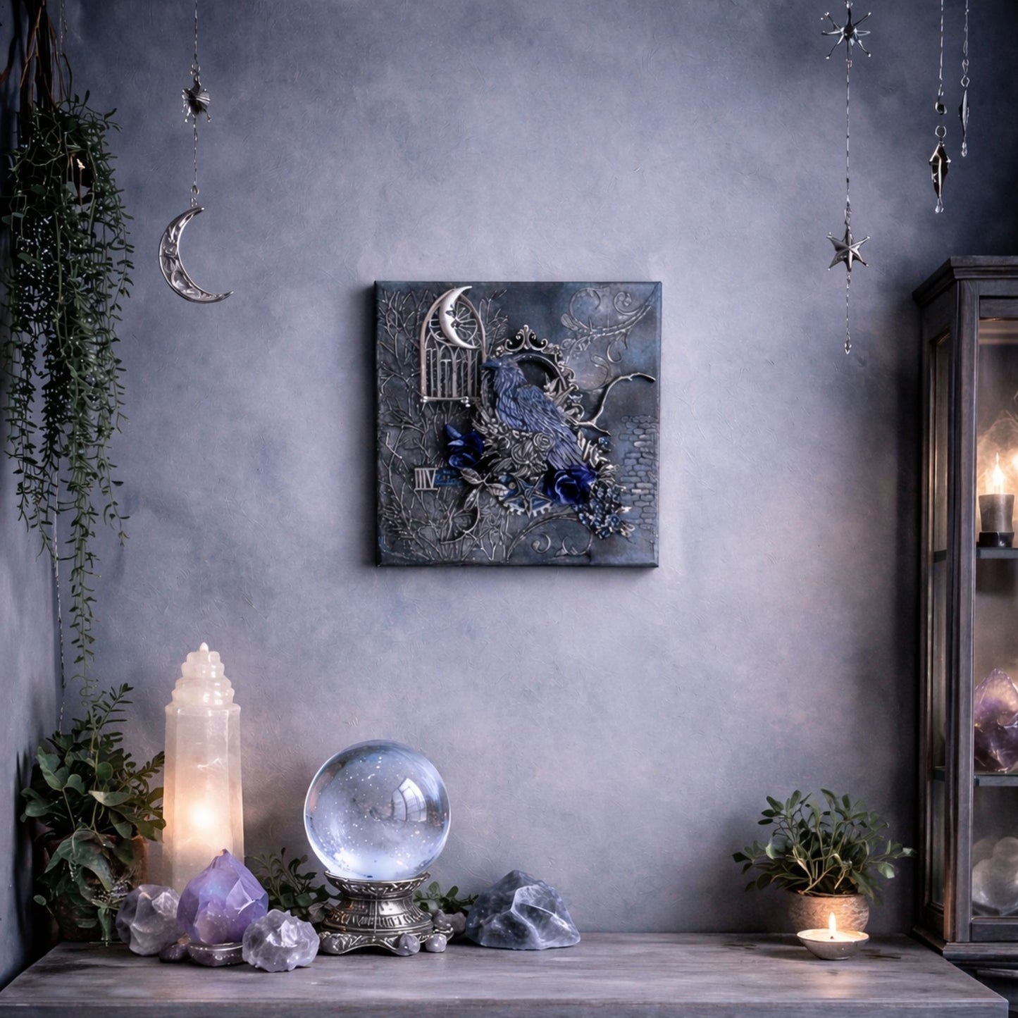 Decorative wall piece with crystals and candles on a shelf against a gray wall.