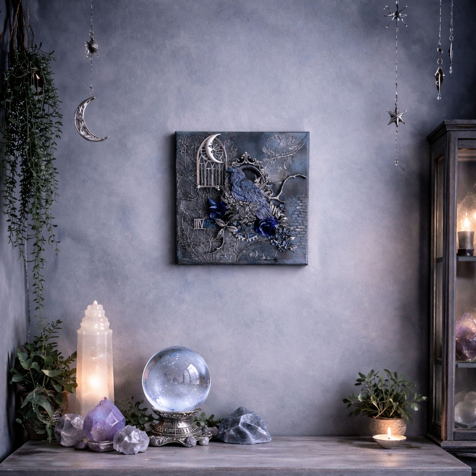 Decorative wall piece with crystals and candles on a shelf against a gray wall.