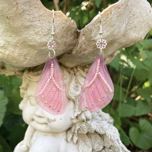 Pink Crystal Beaded Fabric Butterfly Wing Earrings