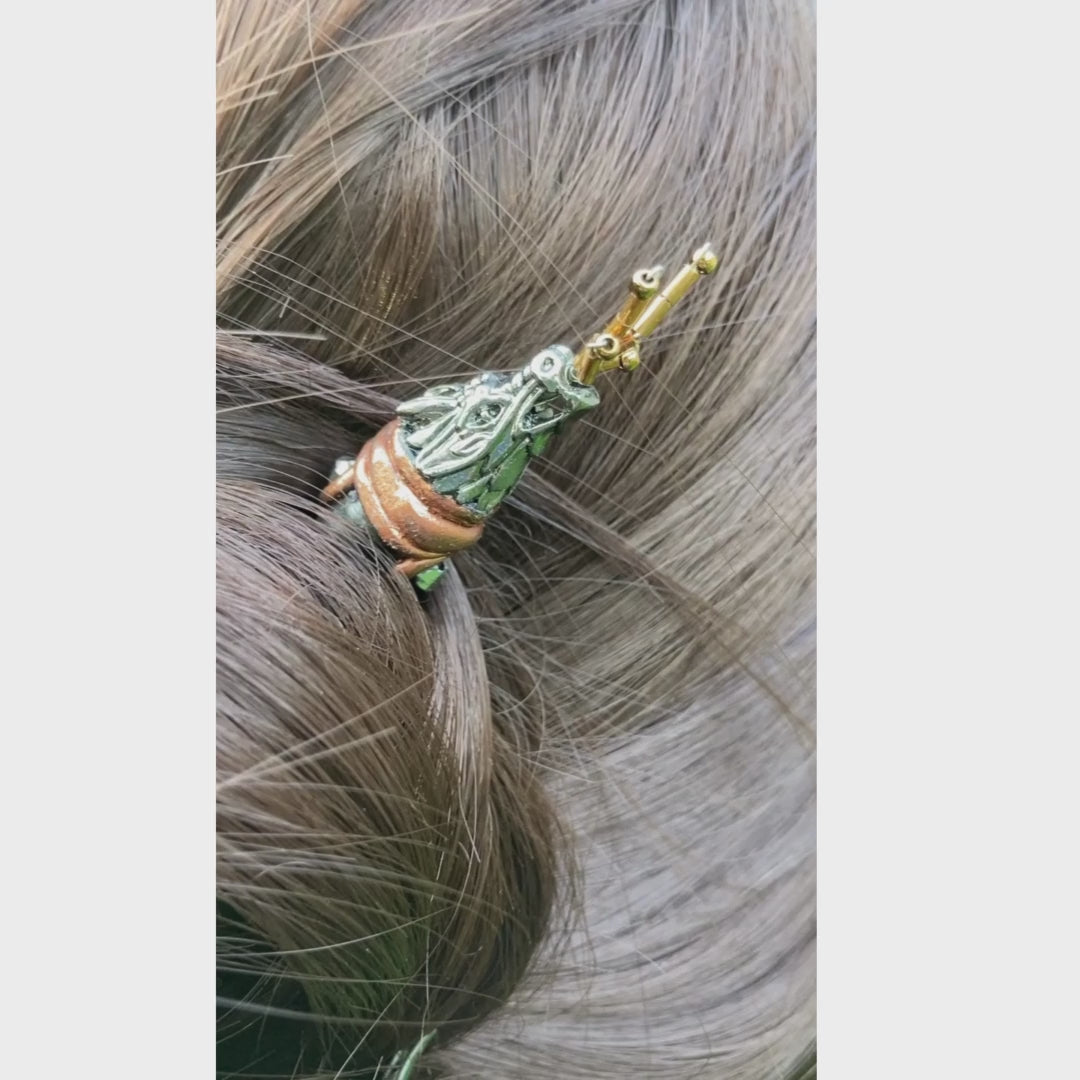 video of the dragon hair pin in a models hair
