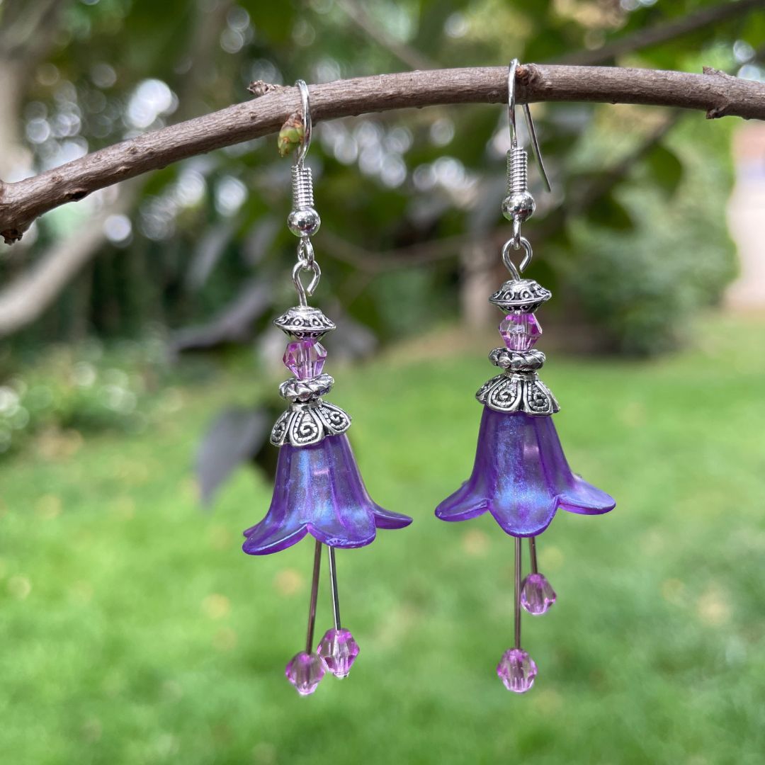 Lucite online Flower Earrings in Iridescent Lavender and Blue with Crystal Beads and Antiqued Copper Artistic Jewelry