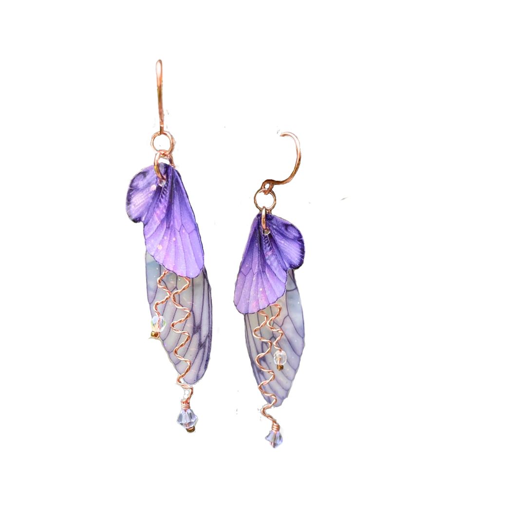 Purple fairy wing earrings with lavender crystals and copper wires.