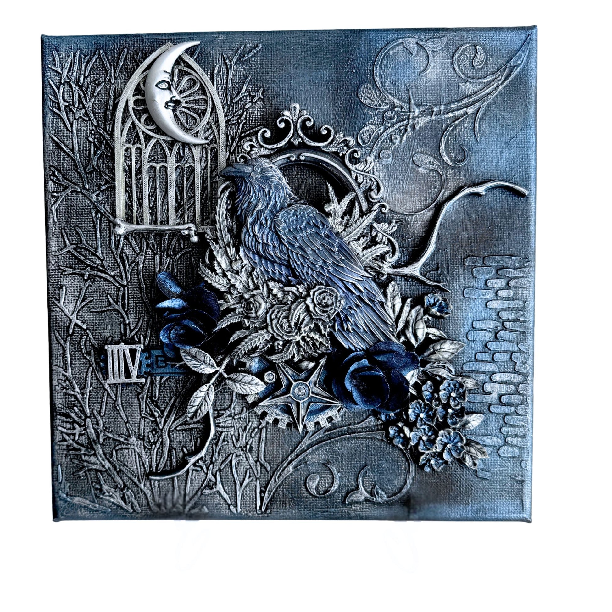 Decorative wall art with a bird, flowers, and decorative elements on a white background