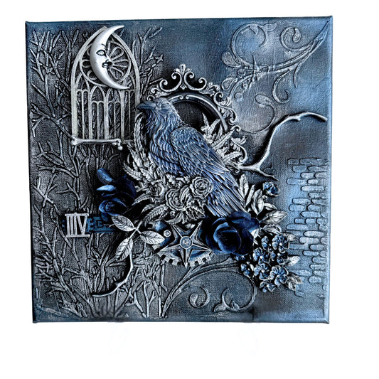 Decorative wall art with a bird, flowers, and decorative elements on a white background