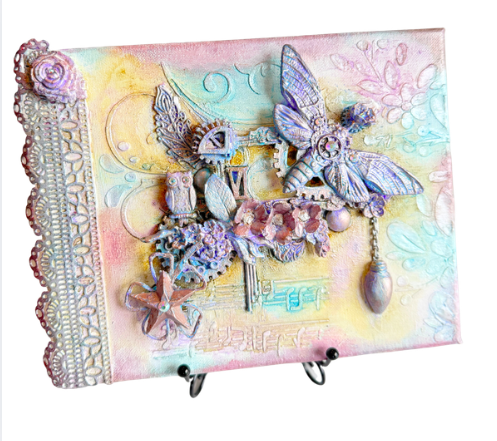 Decorative card with fairy, butterfly, and floral elements on a pastel background