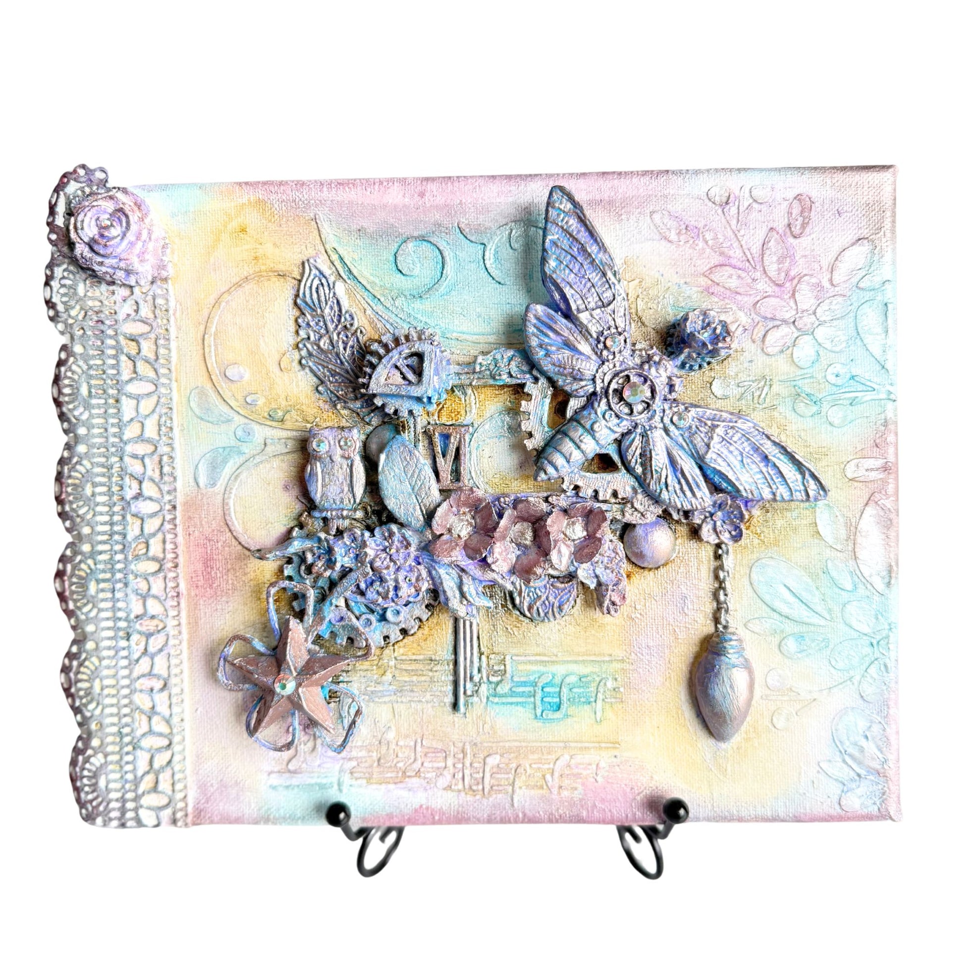Decorative wall art with butterflies and flowers on a pastel background