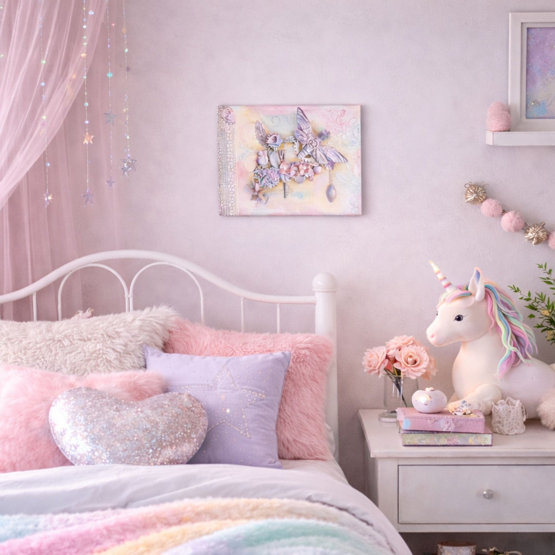 Children's bedroom with unicorn decor, including a bed with colorful bedding, a nightstand with a unicorn figurine, and wall art.