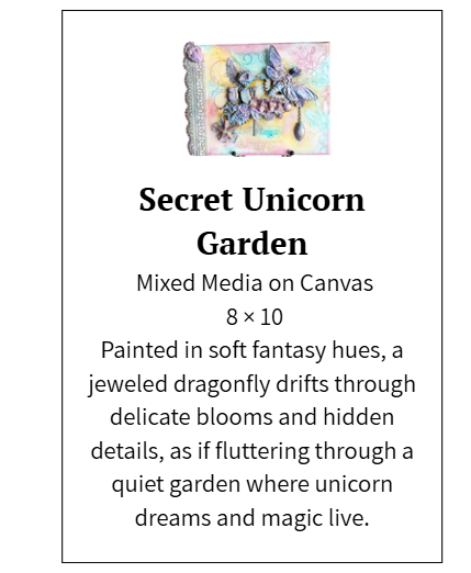 Canvas painting with a dragonfly and flowers, labeled 'Secret Unicorn Garden'.