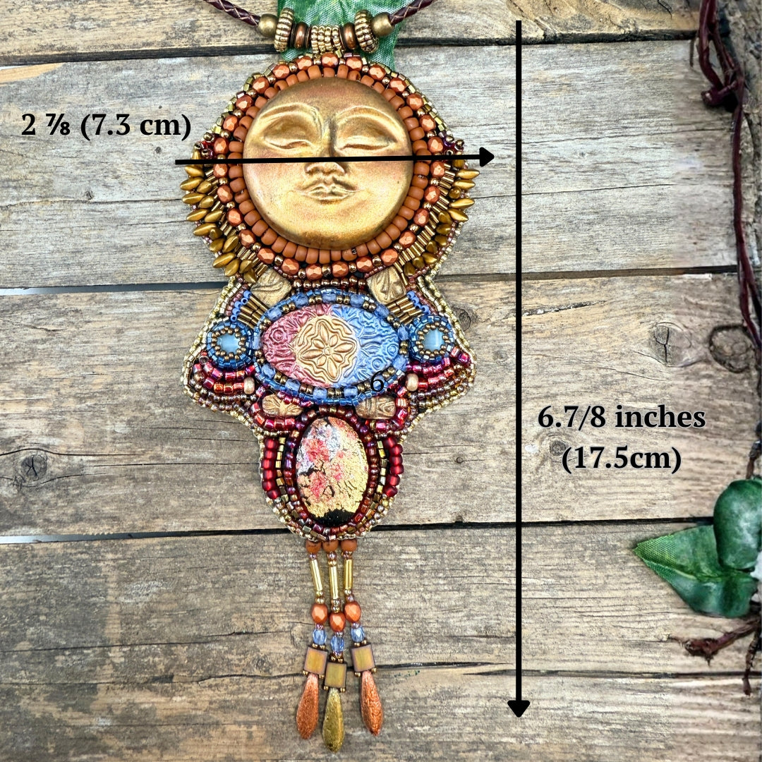 Decorative sun-shaped ornament with measurements on a wooden background