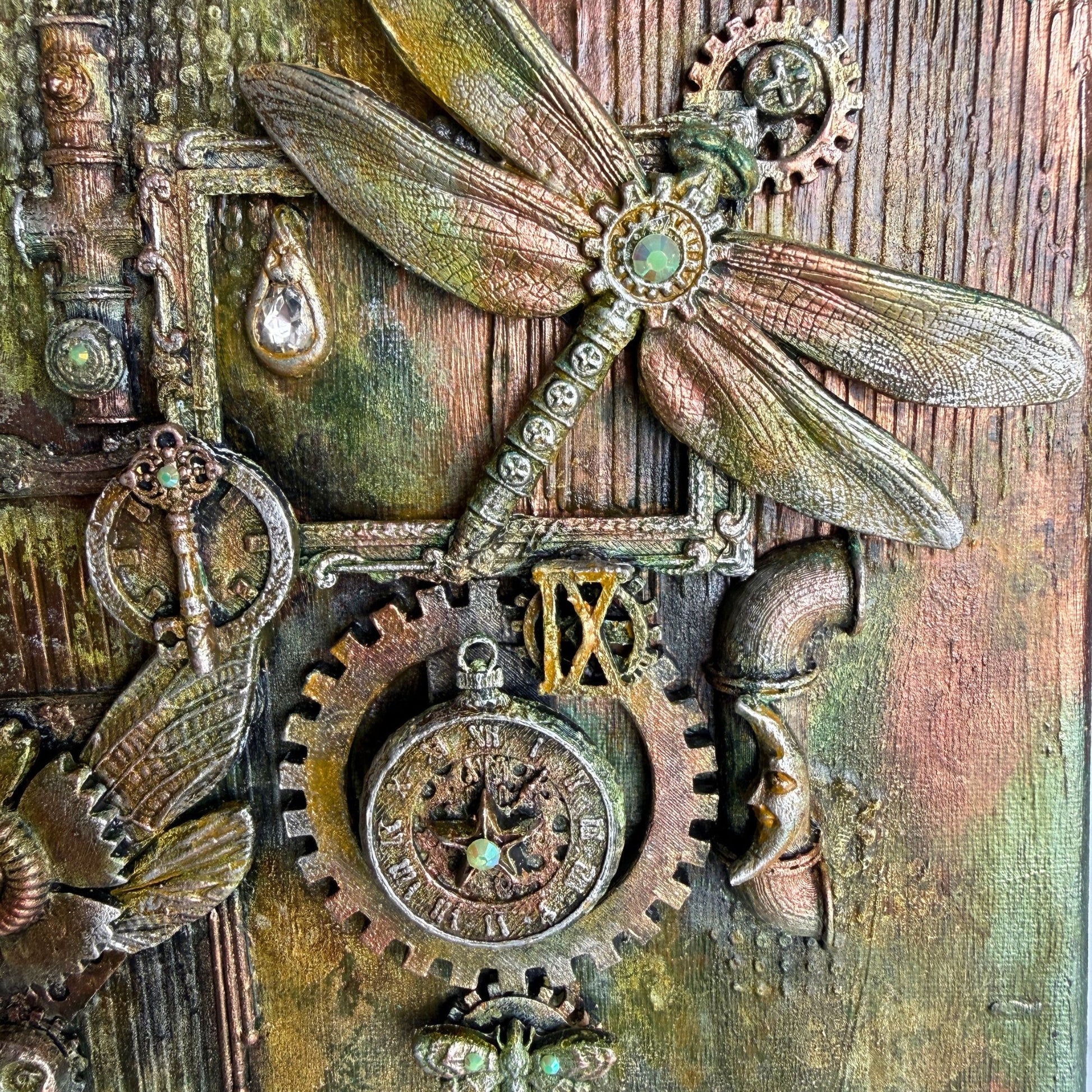 Steampunk dragonfly with gears and pipes on a textured background