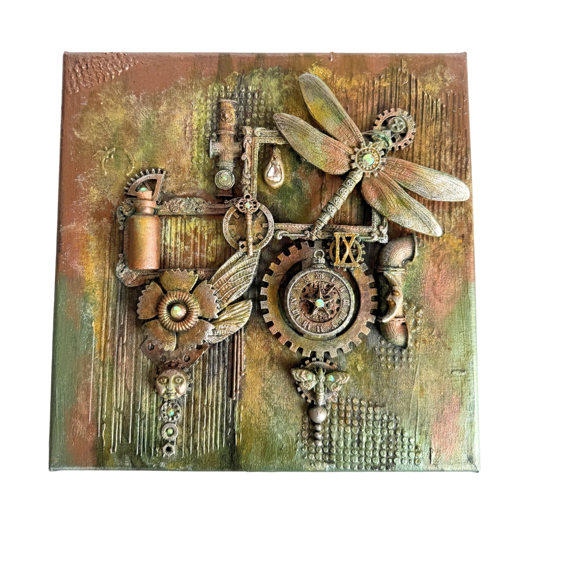 Decorative wall art with gears, dragonfly, and textured background