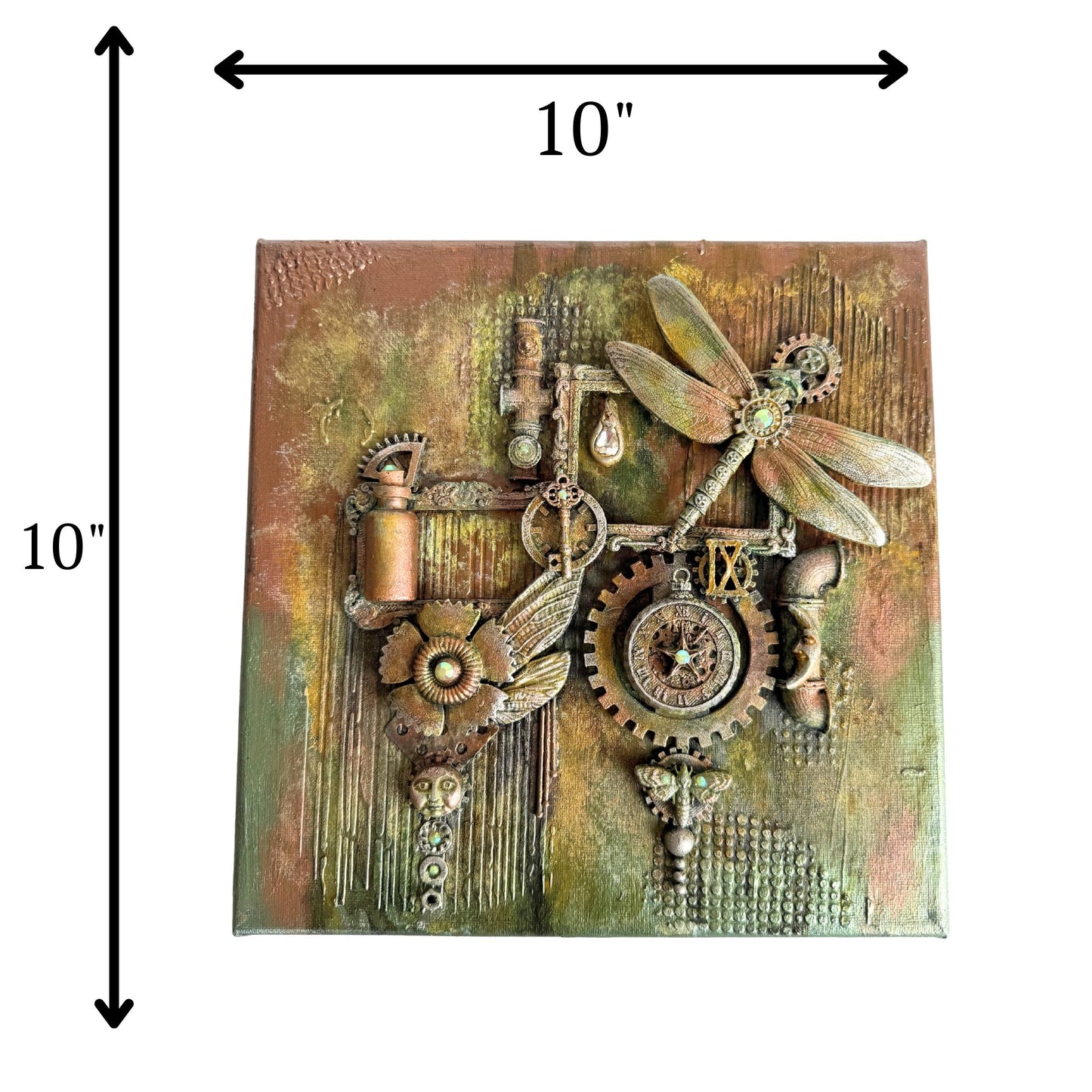 Decorative wall art with gears and dragonflies, 10x10 inches