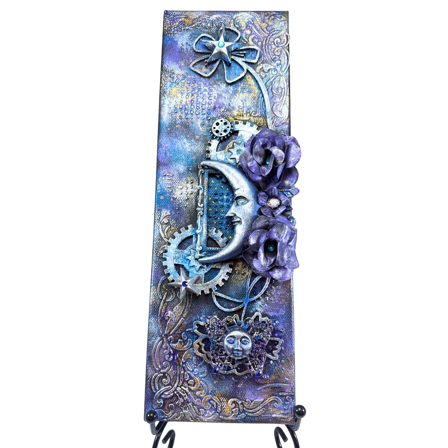 Decorative panel with gears, flowers, and intricate patterns on a white background