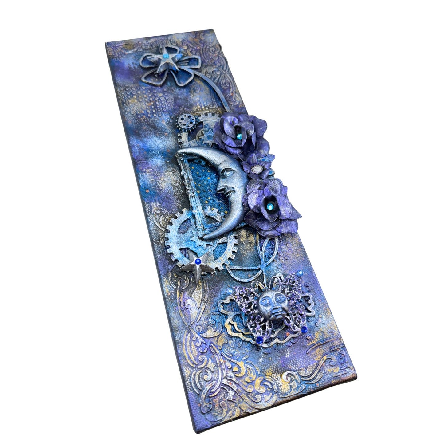 Decorative panel with blue floral design and mechanical elements on a white background