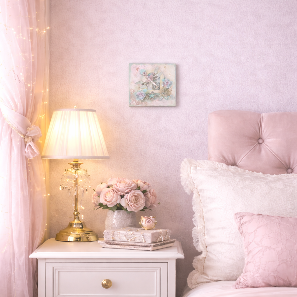 Pink bedroom with a lamp, flowers, and a bed with pink headboard and pillows.