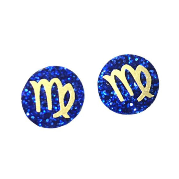 virgo gold symbol on blue glitter round earrings