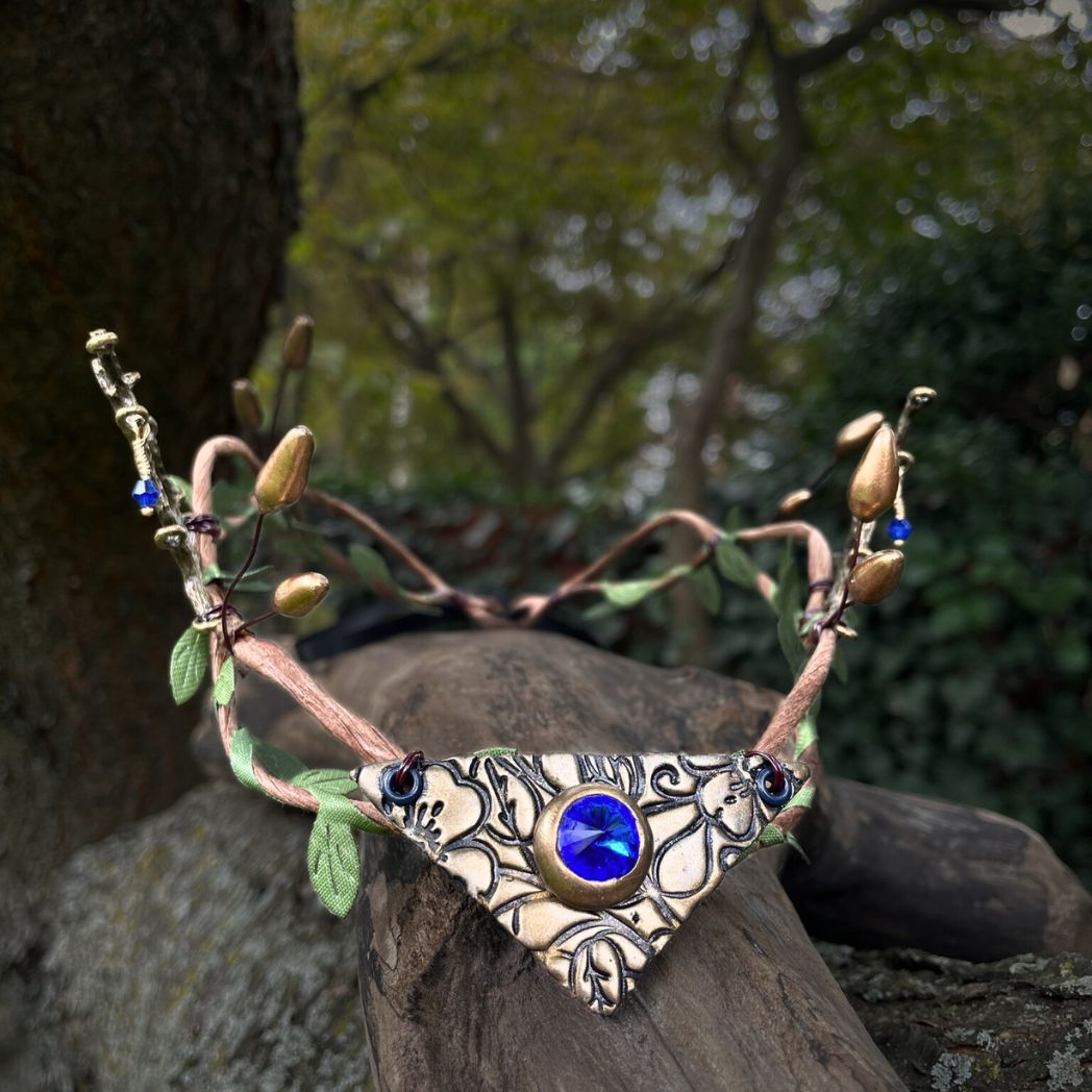 Woodland Elven Crown, Adjustable Forest Fairy Hair Circlet - 15 Crystal Colors