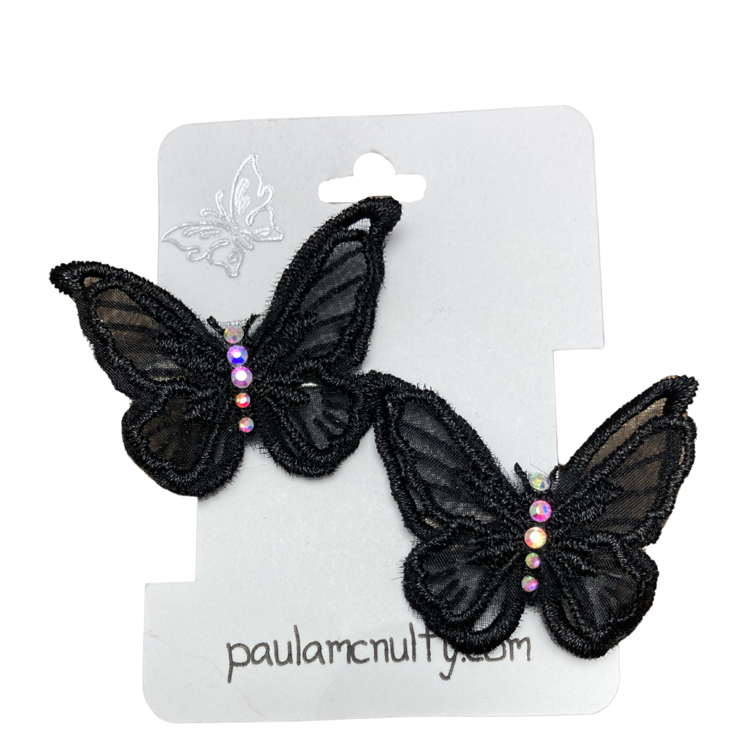 Black applique butterfly alligator hair  clips with your choice of crystals on card